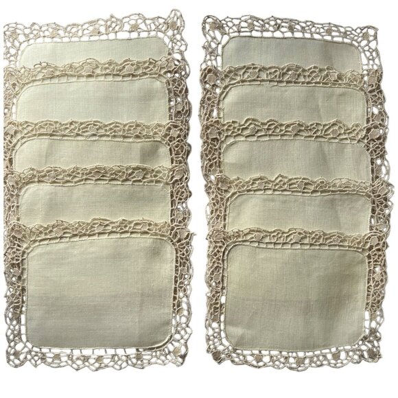 Set Of 10 Pale Yellow Linen & Crochet Doilies 7" X 5.5" Table Decor Wedding - Picture 1 of 13